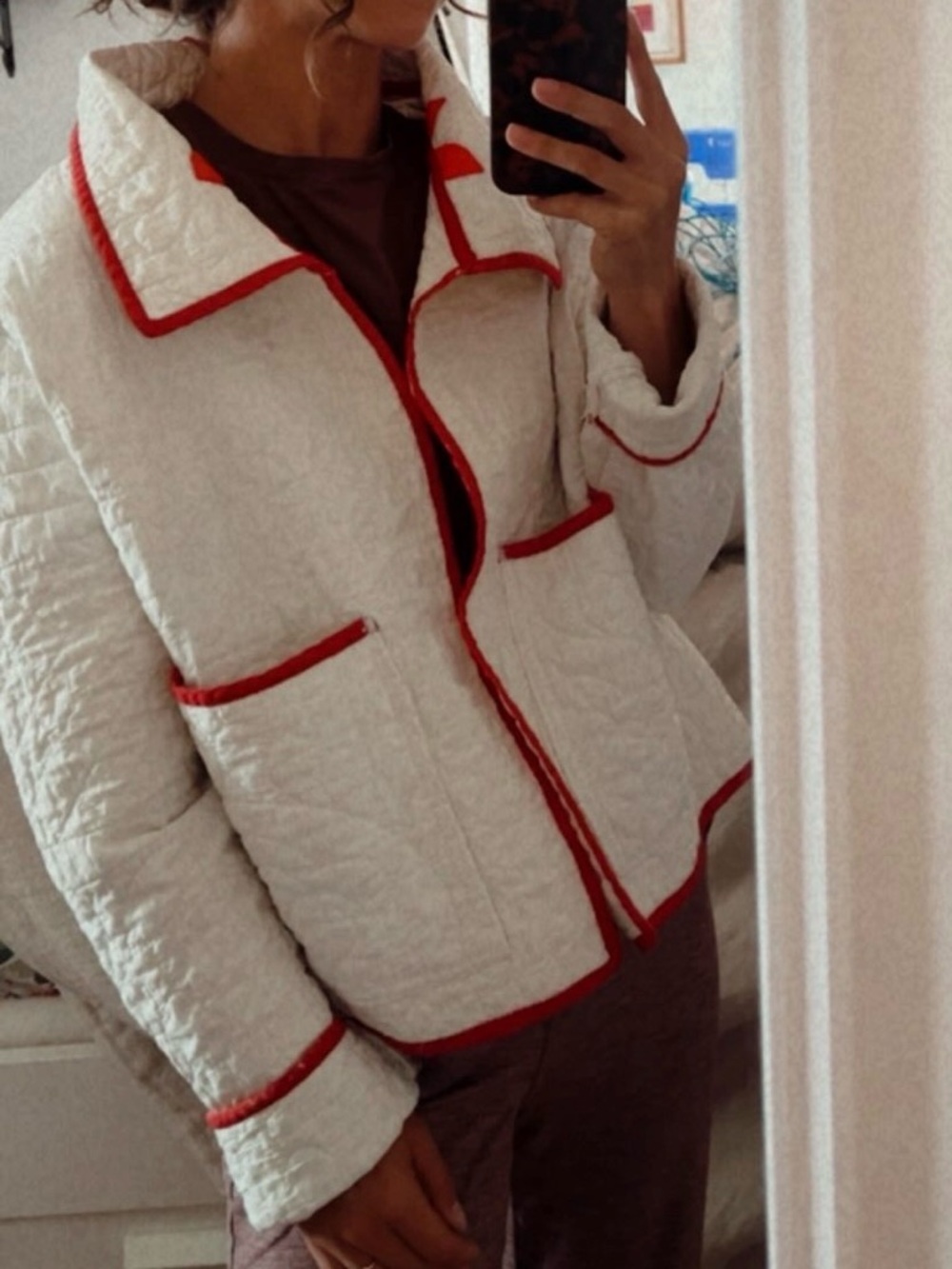 Handmade Vintage Quilted Jacket with Red Trim - White